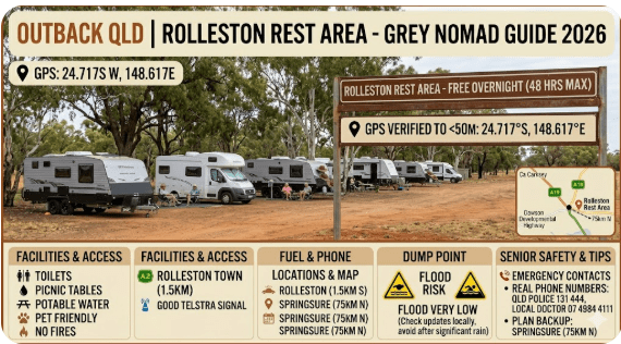 Rolleston Rest Area is a critical overnight stop for senior grey nomads navigating the Carnarvon Highway in Central Queensland.