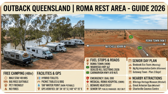 Roma Rest Area is one of the most popular overnight stops for senior grey nomads travelling the Warrego Highway through south-west Queensland in 2026.