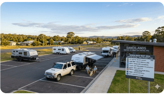  Sandilands Rest Area free camping guide 2026 NSW. GPS, dump point, water, toilets, safety and medical info for senior grey nomads.