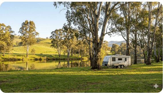 Seymour rest area at Yea River Reserve on the Hume Freeway at Seymour VIC 3660 — senior grey nomad guide 2026 showing flat grassed free camping area beside the Yea River with gum trees suitable for caravans motorhomes and campervans on the final approach to Melbourne