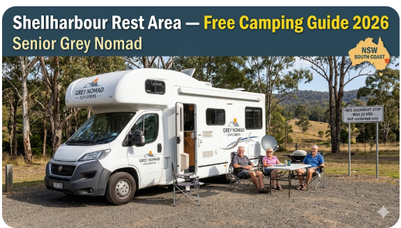 Shellharbour rest area guide showing coastal NSW location, nearby highway access, facilities, and overnight stop options for senior grey nomads travelling the Illawarra region in 2026