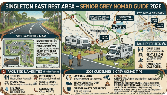 Singleton East Rest Area on the New England Highway NSW — free overnight stop for grey nomads and caravans 2026