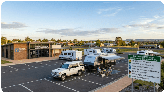 Singleton Rest Area free camping guide 2026. GPS, dump point, water, toilets, safety and medical info for senior grey nomads travelling the New England Highway NSW.