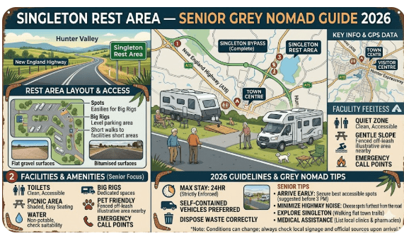 Singleton Rest Area on the New England Highway, Hunter Valley NSW — free overnight stop for grey nomads 2026