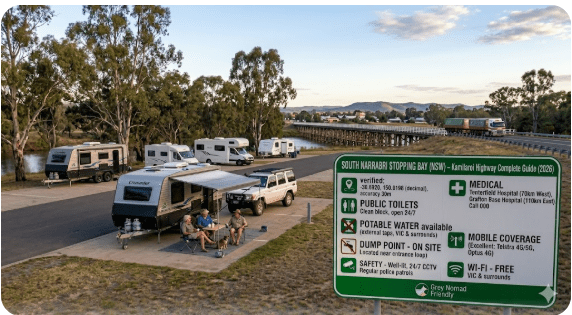 South Narrabri Stopping Bay free camping guide 2026. GPS, dump point, water, toilets, safety and medical info for senior grey nomads travelling the Newell Highway NSW.