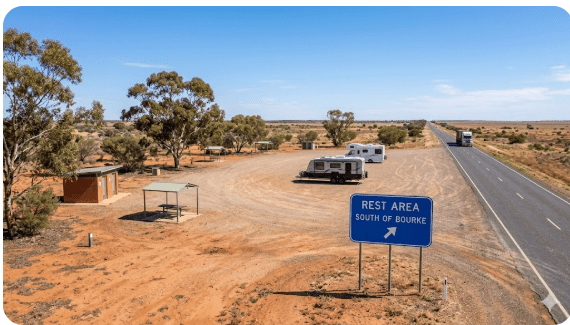 South of Bourke Rest Area on Mitchell Highway NSW", "grey nomad caravan at rest area south of Bourke", "Mitchell Highway outback NSW at sunset", "pit toilet outback rest area NSW", "wedge-tailed eagle Mitchell Highway NSW