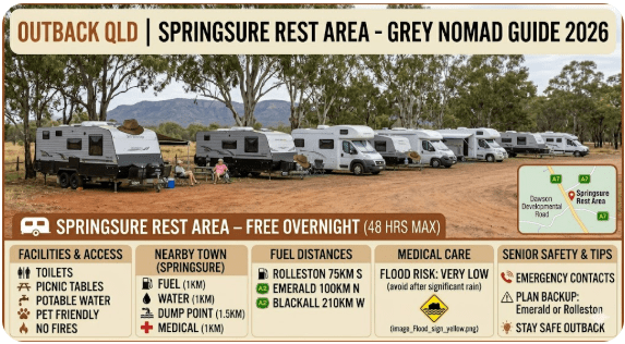 Springsure Rest Area in Central Queensland has quietly become one of the most useful overnight stops for senior grey nomads travelling the Gregory and Dawson Highways