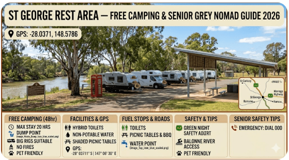 St George Rest Area is one of the most popular overnight stops for senior grey nomads travelling the Balonne Highway through south-west Queensland in 2026.