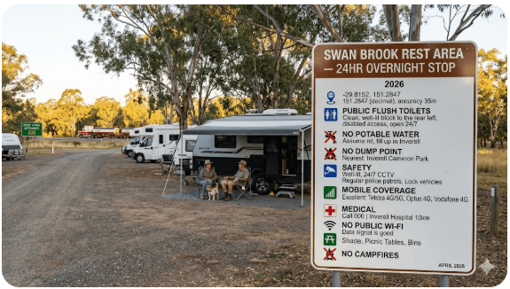Swan Brook Rest Area is a handy inland NSW overnight stop for senior grey nomads who want a legal, low-cost place to rest, reset and continue north or south without the cost of a caravan park every night.
