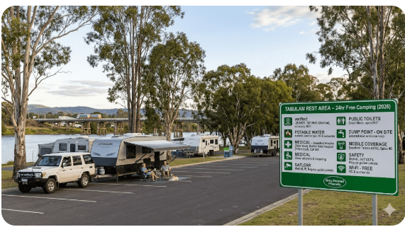Tabulam Rest Area free camping guide 2026. NSW GPS, toilets, water, dump point planning, safety and medical info for senior grey nomads.