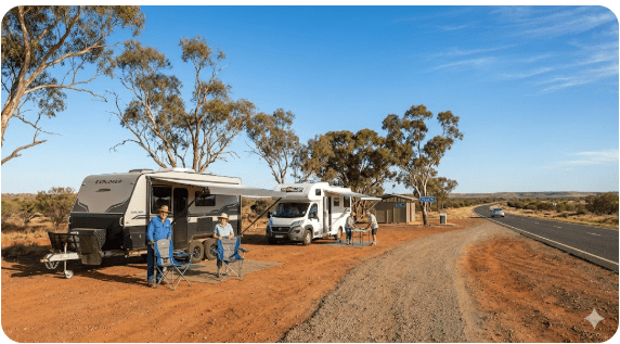 Caravan and motorhome parked at a shady outback rest area near Tambo in western Queensland