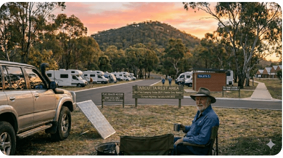 Tarcutta Rest Area on the Hume Highway in Tarcutta NSW 2652, a free 24-hour overnight stop for senior grey nomads travelling by caravan or motorhome between Sydney and Melbourne in 2026 — flat sealed access, toilets on-site, and within walking distance of the Tarcutta Hotel.