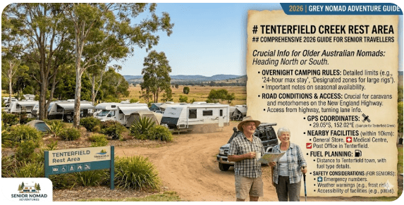 Tenterfield Creek Rest Area showing parking bays and bushland setting for caravans and motorhomes