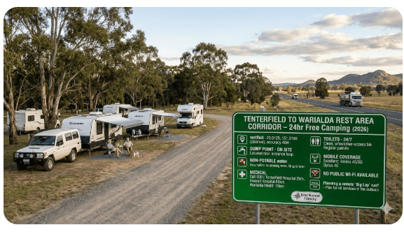 Tenterfield to Warialda rest areas mapped for senior grey nomads 2026. Free camping, GPS, toilets, dump points, overnight rules and safety tips across the Northern Tablelands NSW. Plan your route now.