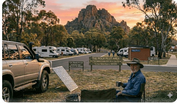 The Rock Rest Area on the Olympic Highway in The Rock NSW 2655, a free 24-hour overnight stop for senior grey nomads travelling by caravan or motorhome in 2026 — flat access, toilets on-site, walking distance to The Rock Nature Reserve granite outcrop and The Rock township hotel.