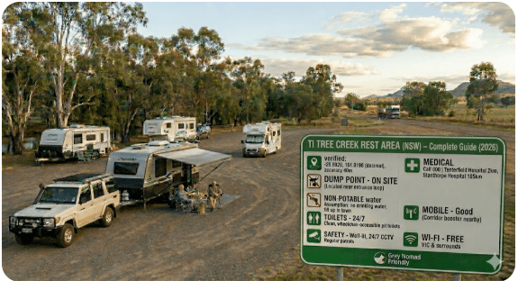 Ti Tree Creek Rest Area is a practical “reset stop” used by travellers moving along the Tenterfield ↔ Inverell ↔ Warialda corridor in Northern NSW