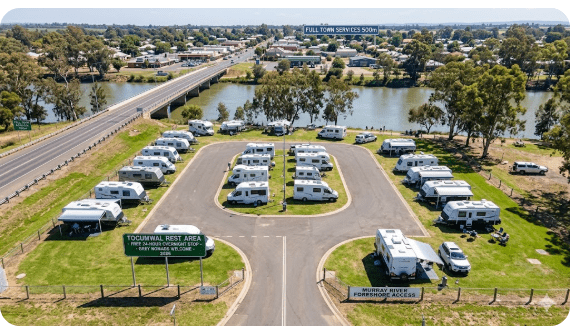Tocumwal Rest Area on the Newell Highway at the Murray River crossing in Tocumwal NSW 2714 — free 24-hour overnight stop for senior grey nomads crossing between Victoria and New South Wales in 2026, with Murray River foreshore access and full town services including hospital and Woolworths within 1km