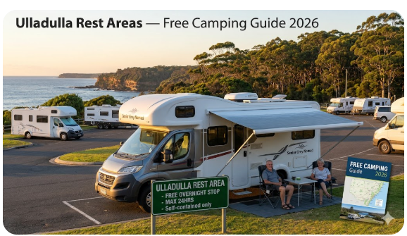 Ulladulla rest areas map and guide showing coastal NSW locations, highway access, facilities, and overnight stop options for senior grey nomads travelling the South Coast in 2026