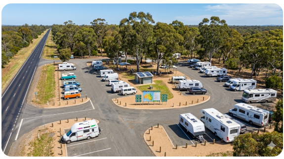 Australian rest area with campervans and caravans parked overnight showing grey nomad free camping directory