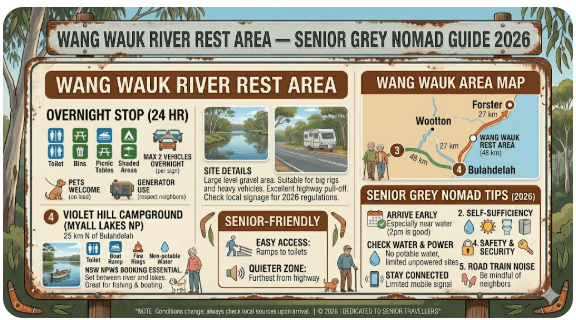 Wang Wauk Rest Area guide with GPS, overnight rules, fuel stops and road conditions. Free Pacific Highway stop for grey nomads between Bulahdelah and Forster.