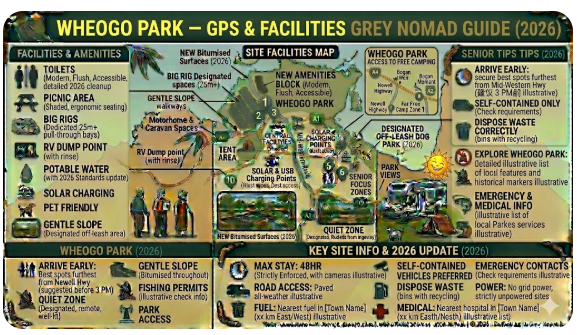 Wheogo Park Parkes NSW guide with GPS, sealed access, facilities, nearby free camps, fuel stops and senior-friendly travel tips for Newell Highway travellers.