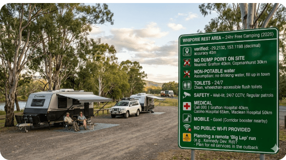 Whiporie Rest Area free camping guide 2026. NSW GPS, toilets, water, dump point planning, safety and medical info for senior grey nomads.