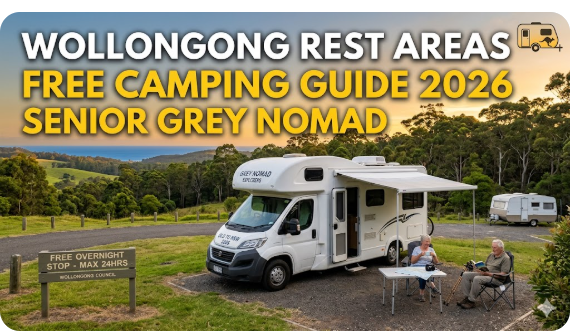 Wollongong rest areas map and guide showing free camping options, coastal highway stops, facilities, and overnight parking locations for senior grey nomads travelling through the Illawarra region in 2026