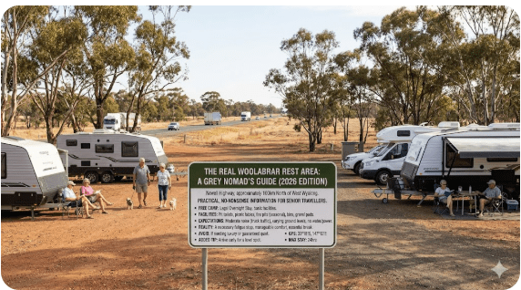 Woolabrar Rest Area is one of the most talked-about free camping spots on the Newell Highway for grey nomads travelling between Victoria and Queensland in 2026.