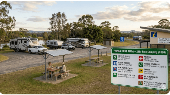 Yamba Rest Area free camping guide 2026 with NSW GPS, toilets, water, dump point planning, safety and medical info for senior grey nomads.