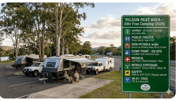 Yelgun Rest Area free camping guide 2026 NSW GPS toilets water safety for senior grey nomads.