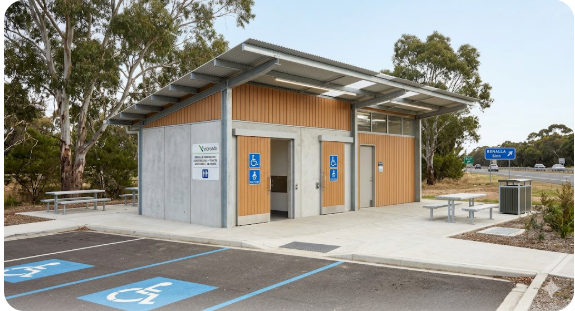Toilet block at Benalla Rest Area Hume Highway Victoria — facilities for grey nomad travellers