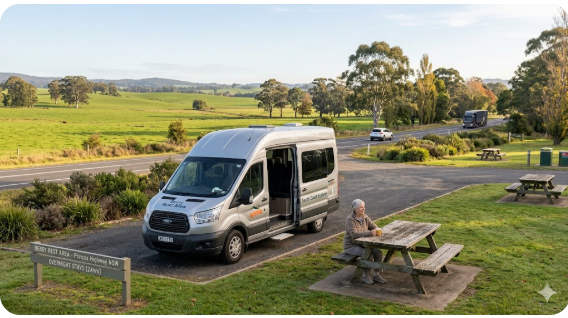 Senior grey nomad woman with motorhome parked at Berry Rest Area on the Princes Highway NSW South Coast — free camping guide 2026