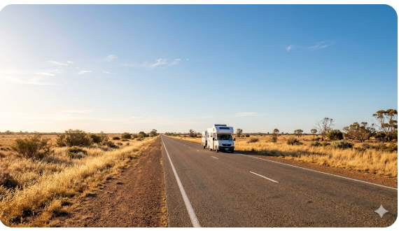 Caravan on the Dukes Highway approaching Bordertown South Australia — senior grey nomad rest areas guide SA 2026