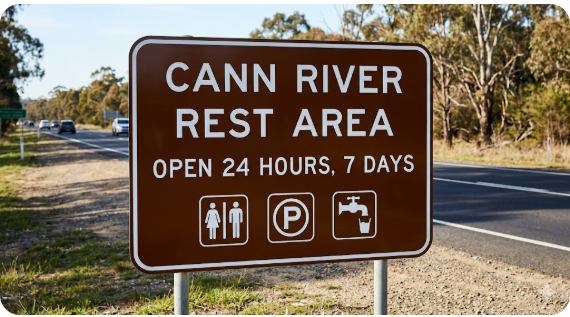 Panoramic view of Cann River Rest Area showing parking bays, facilities, and natural bush setting — reliable free overnight stop for self-contained grey nomads on Princes Highway
