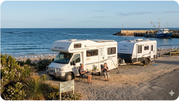 Caravan parked at Port Denison foreshore with Indian Ocean views — Dongara Brand Highway senior grey nomad guide Western Australia 2026