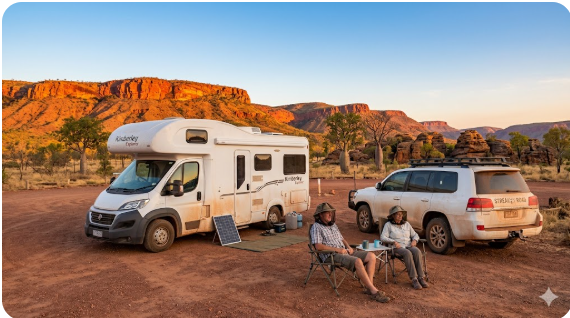 Caravan parked near El Questro station campground with Kimberley escarpments in background — senior grey nomad guide Western Australia 2026