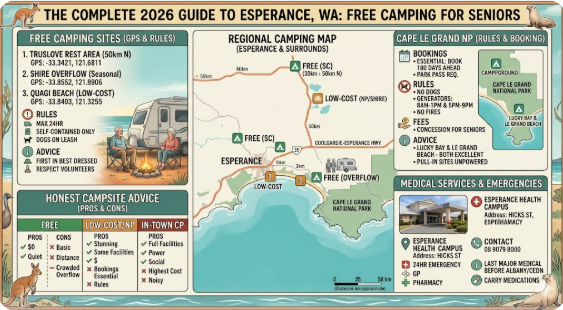 Free camping at Esperance WA for senior grey nomads. GPS, overnight rules, Cape Le Grand, medical services and honest campsite advice.