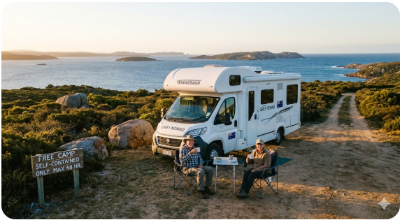 Caravan parked at free camp near Albany Western Australia with coastal views — senior grey nomad free camping guide Albany WA 2026