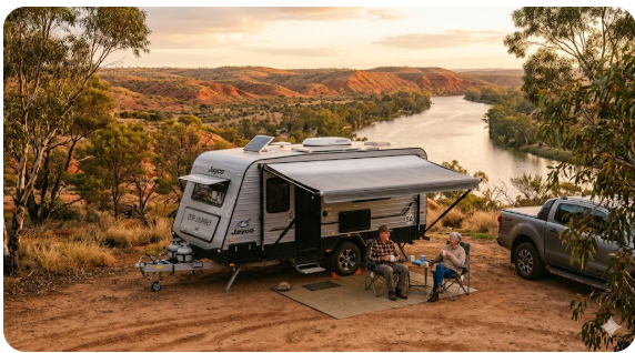 Caravan parked at free camp in South Australia near the Murray River — senior grey nomad free camping guide SA 2026