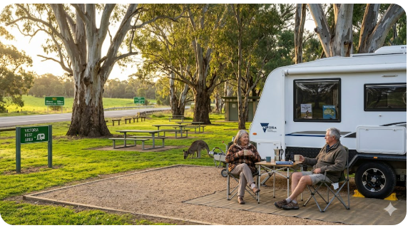 Senior grey nomad couple enjoying a quiet morning coffee at a free Victorian rest area, Hume Highway corridor, autumn 2026 — representative image for the complete 2026 free camping Victoria guide for travellers aged 60 plus.