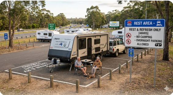 Grey nomad caravan parked at Australian highway rest area overnight — free camping vs overnight parking guide 2026