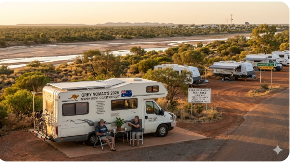 Grey nomad motorhome parked at a free camping rest area near Geraldton Western Australia with Champion Bay and the Indian Ocean coastline visible in the background at sunset