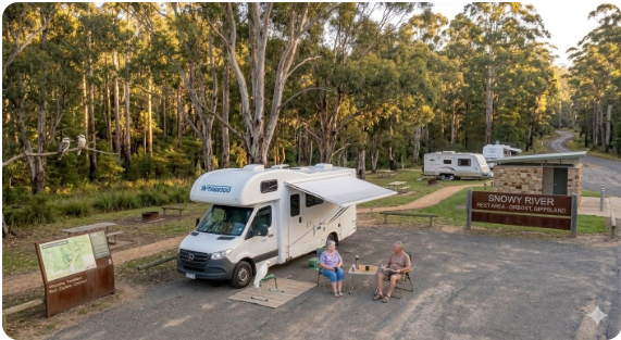 A silver caravan and tow vehicle parked at a designated rest area on the Stuart Highway in outback South Australia, with red desert landscape and a clear sky visible in the background. The image is used to illustrate the Rest Areas South Australia 2026 guide for senior grey nomads on retiretovanlife.com