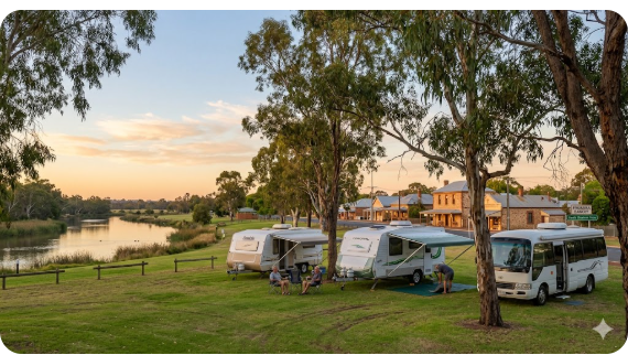 Pinjarra RV Rest Area with caravans parked overnight near Murray River on South Western Highway WA grey nomad free camping
