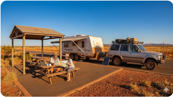 Caravan at Halls Creek highway rest area on the Great Northern Highway East Kimberley — senior grey nomad guide Western Australia 2026