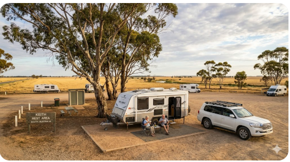 Caravan parked at Keith rest area on the Dukes Highway South Australia with Bool Lagoon nearby — senior grey nomad guide SA 2026