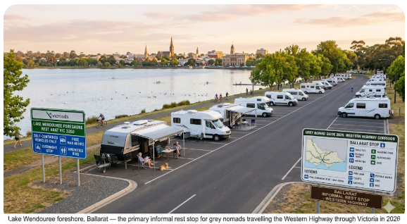 Grassed foreshore reserve around Lake Wendouree in Ballarat VIC, used by senior grey nomad travellers as an informal rest stop on the Western Highway (A8) corridor between Melbourne and South Australia