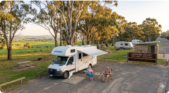 : Caravan parked at Orbost rest area near the Snowy River on the Princes Highway East Gippsland VIC — senior grey nomad guide 2026