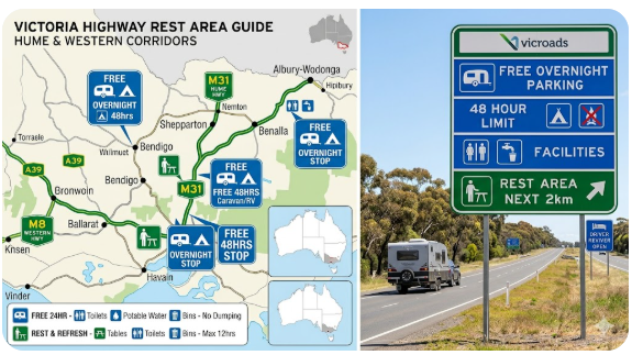 Overview map or highway landscape photo showing Victorian highway corridor rest area signage suitable for senior grey nomad travel planning