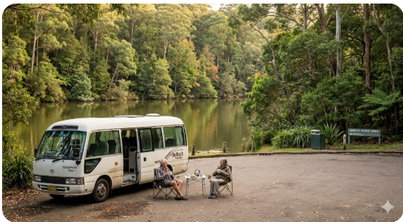 Senior grey nomad couple with white motorhome parked at Audley picnic area, Royal National Park NSW, enjoying a quiet morning beside the Hacking River — free camping guide 2026